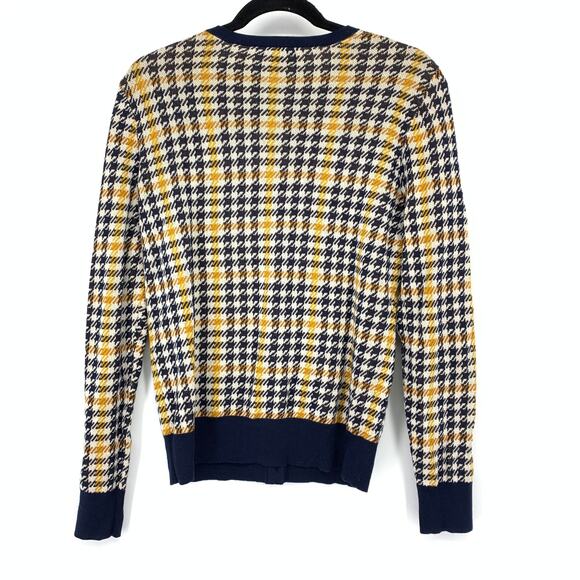 Ann Taylor Crew Neck Cardigan Sweater Womens Size Medium Navy Gold Plaid NEW - Picture 2 of 7